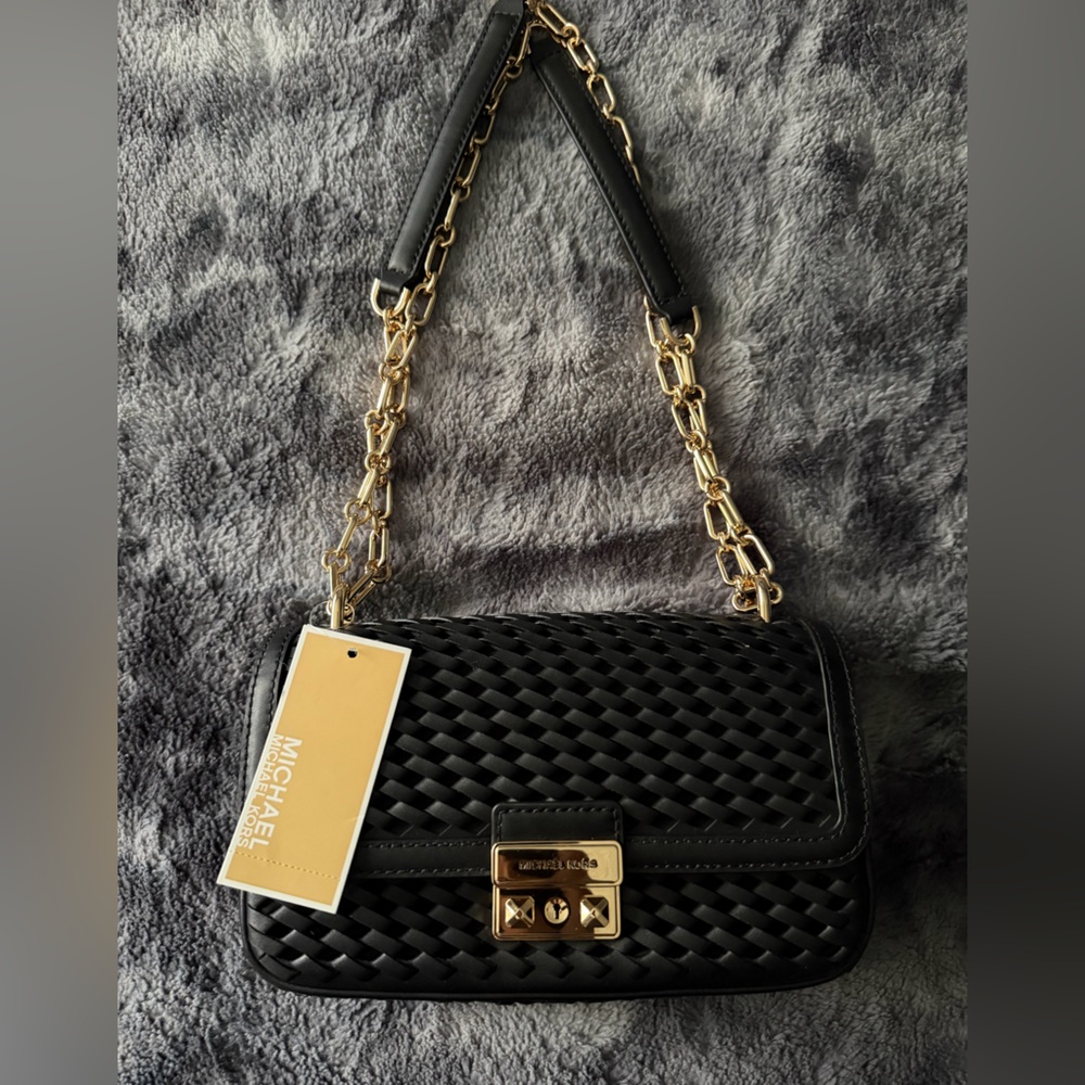 Michael Kors Black Woven Leather Crossbody with Gold Hardware
